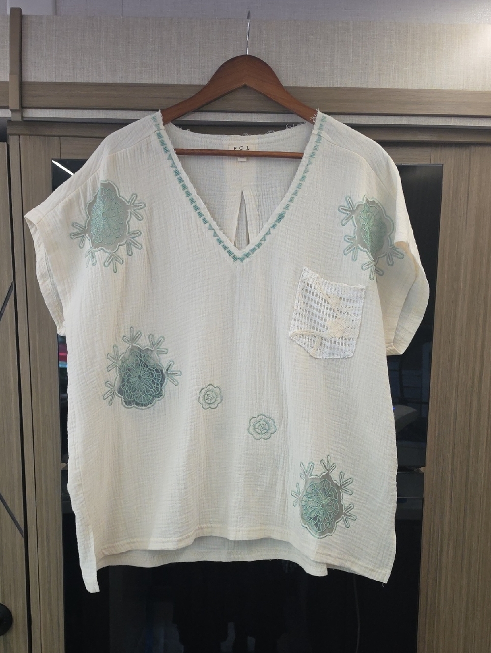 POL Cream Cotton Tunic with Sage Embroidery